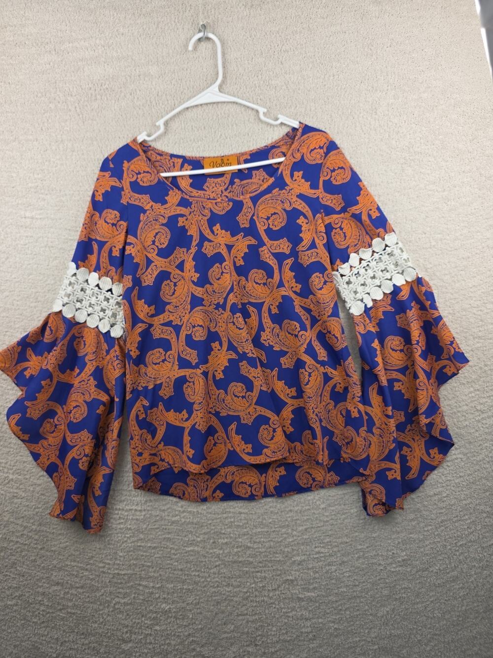 Voom by Joy Han Royal Blue and Orange Paisley Print Bell Sleeve Top Size Small